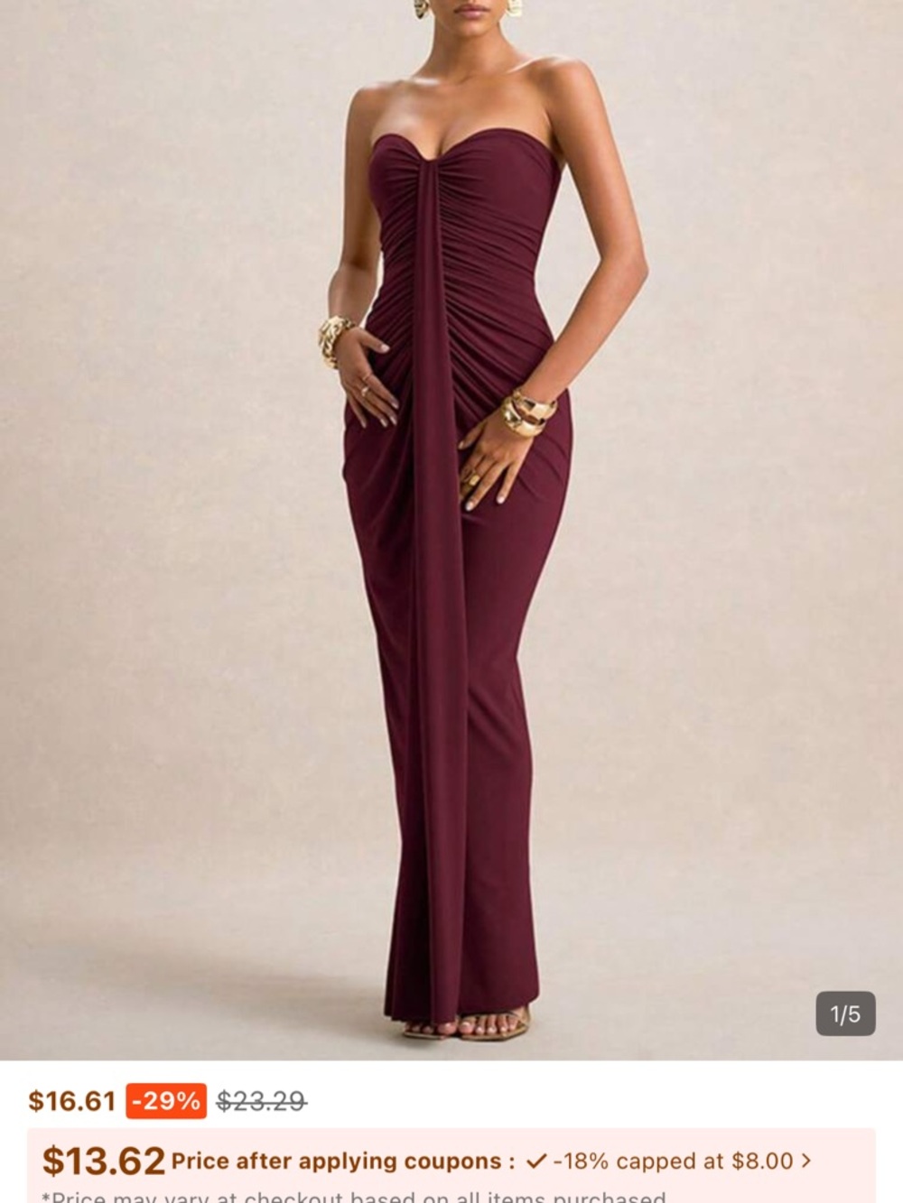 SHEIN Strapless Ruched Maxi Dress in Burgundy